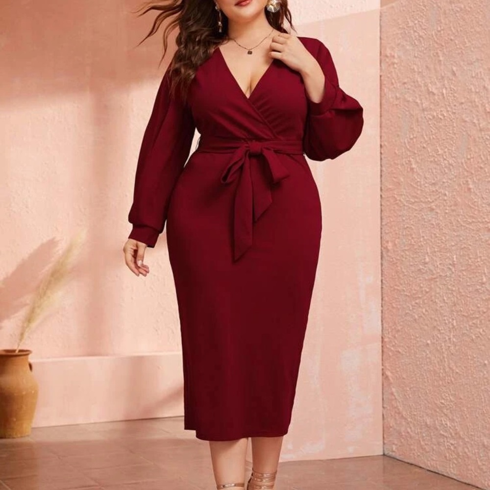 Plunging neckline wrap pencil dress